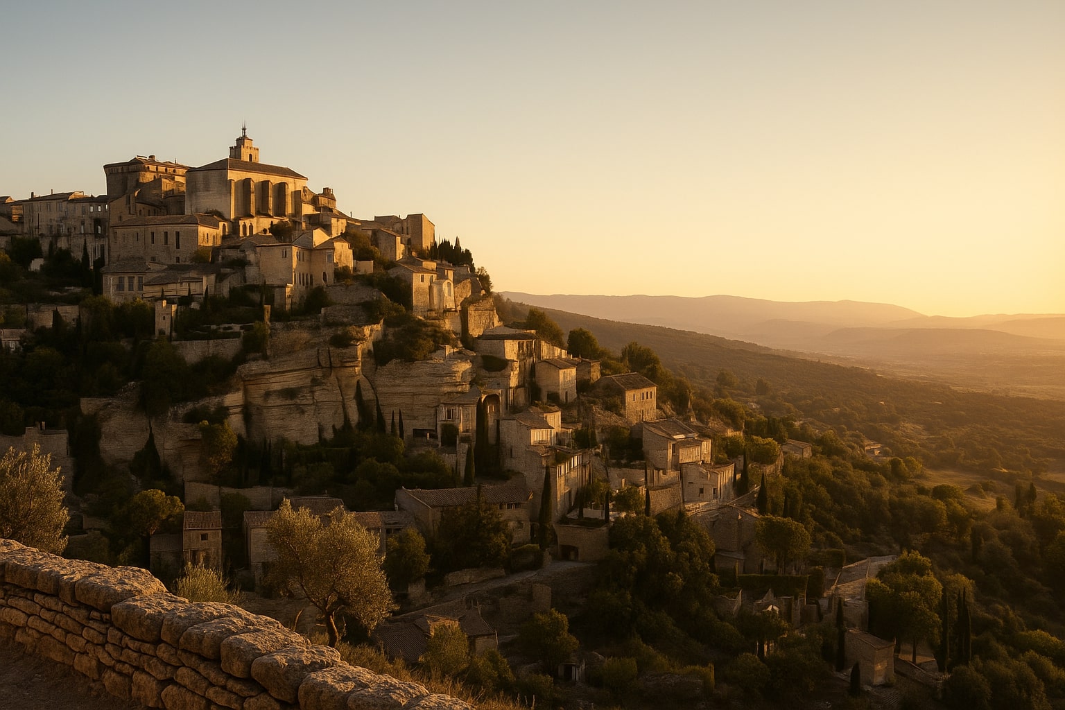 Image générée d'un coucher de soleil à Gordes