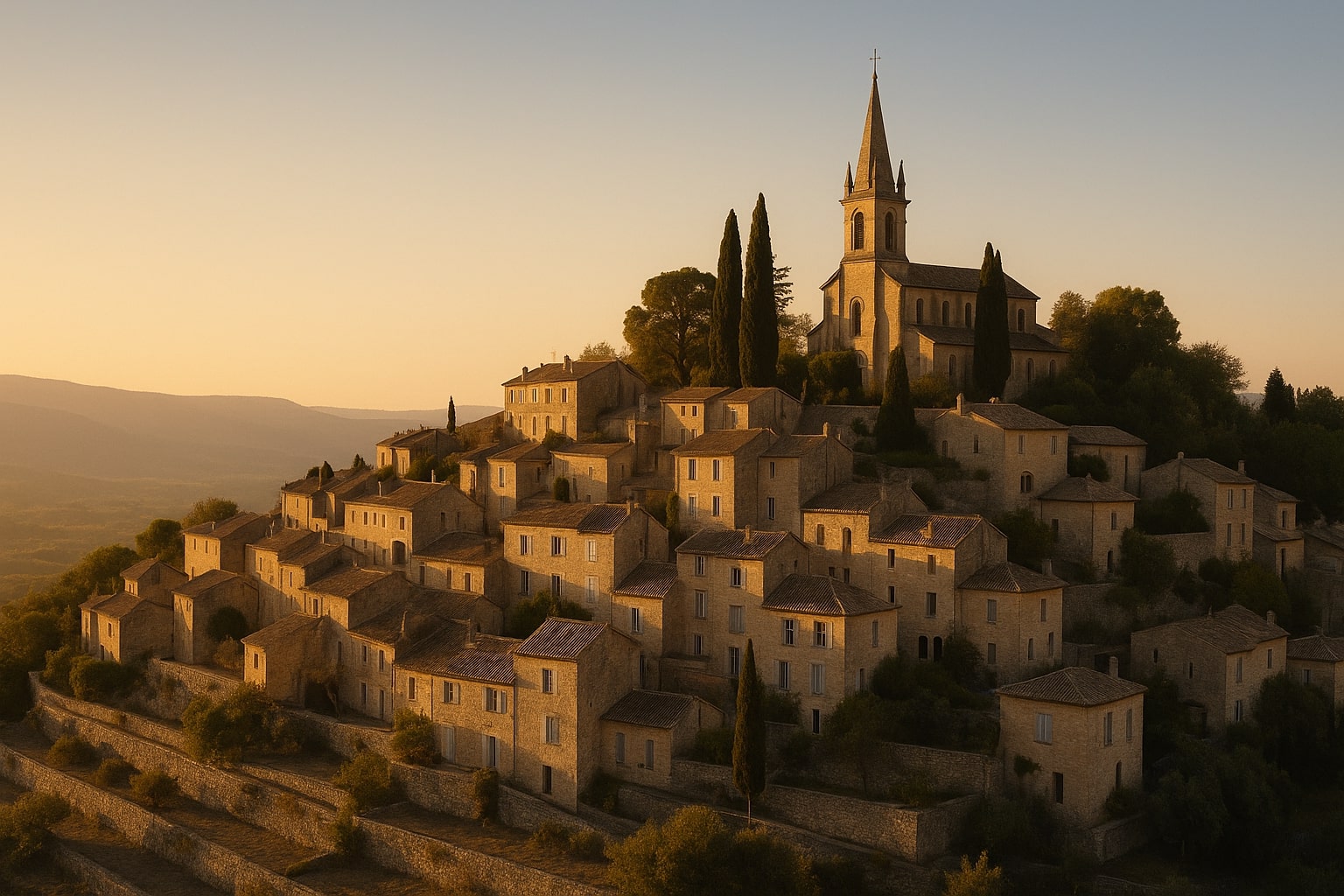 Image générée d'un coucher de soleil à Bonnieux
