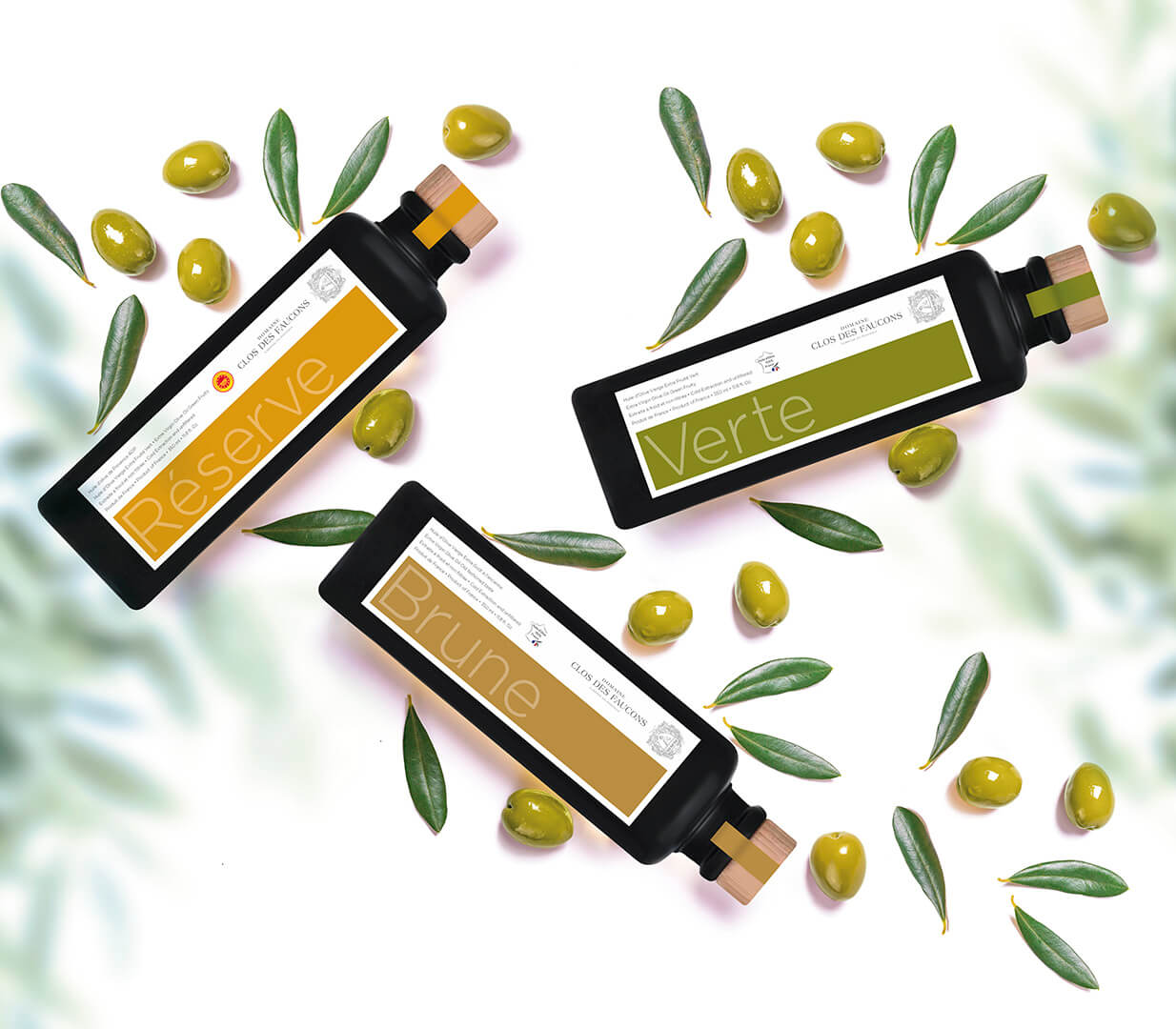 Illustration qui présente les 3 huiles d'olives du Clos des Faucons
