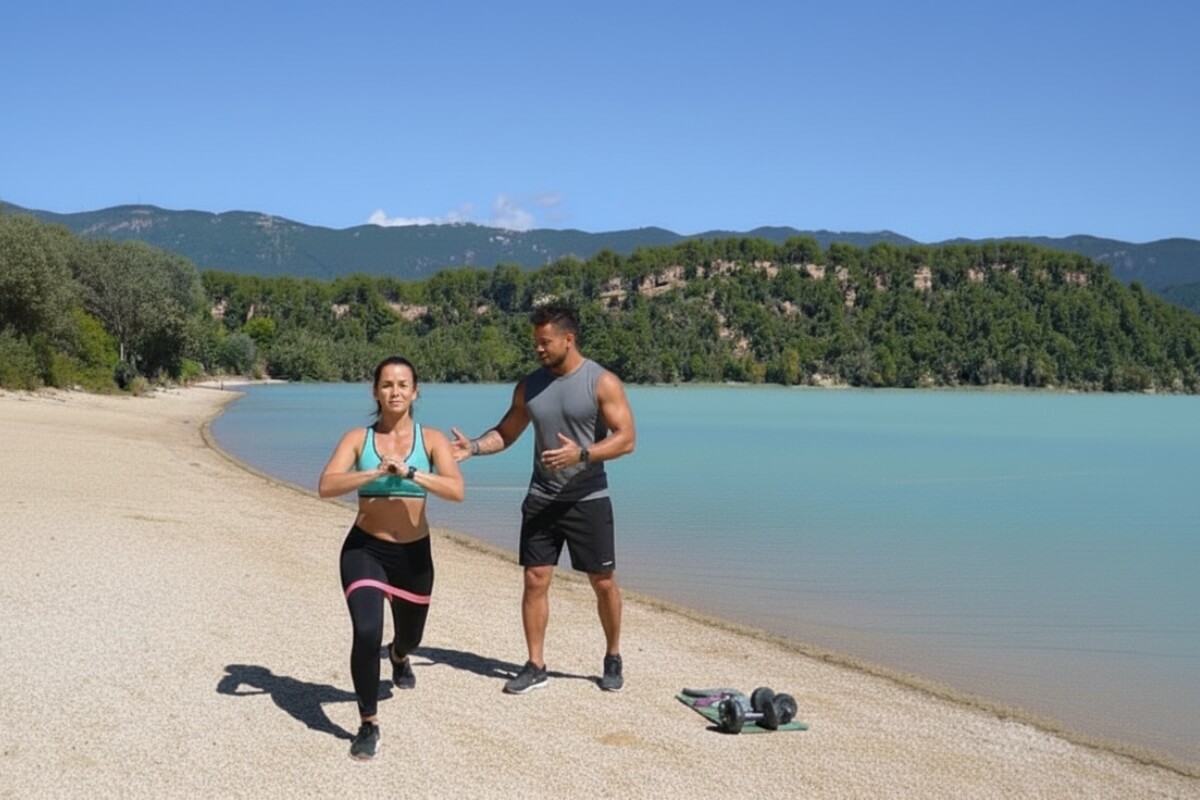 Cours de sport avec un coach au bord de l'étang de la Bonde