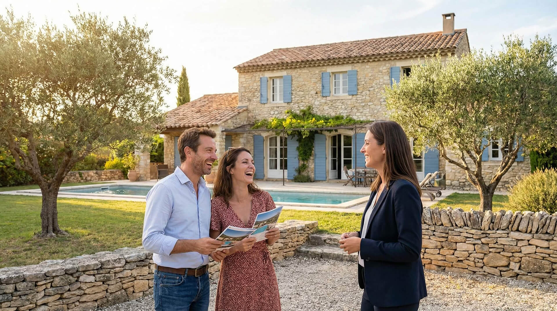 Couple avec un agent immobilier devant une maison provençale